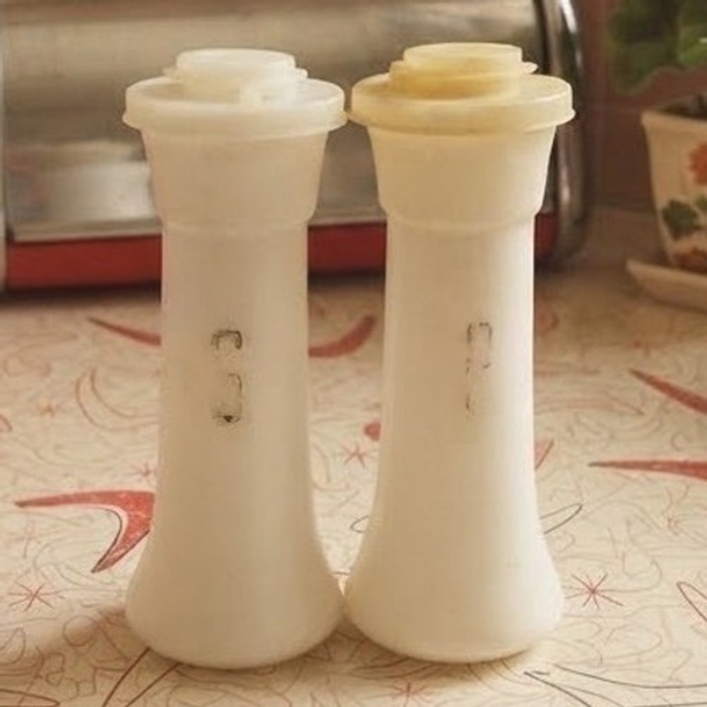 Vintage Tupperware Salt and Pepper Shakers White Hourglass Flip Top 6 Inch Set